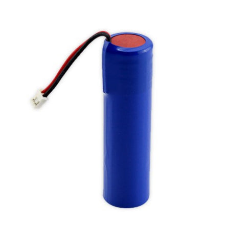 Blue cylindrical battery with red top and black wires on a white background