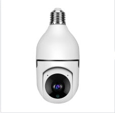 White security camera designed like a light bulb on a white background