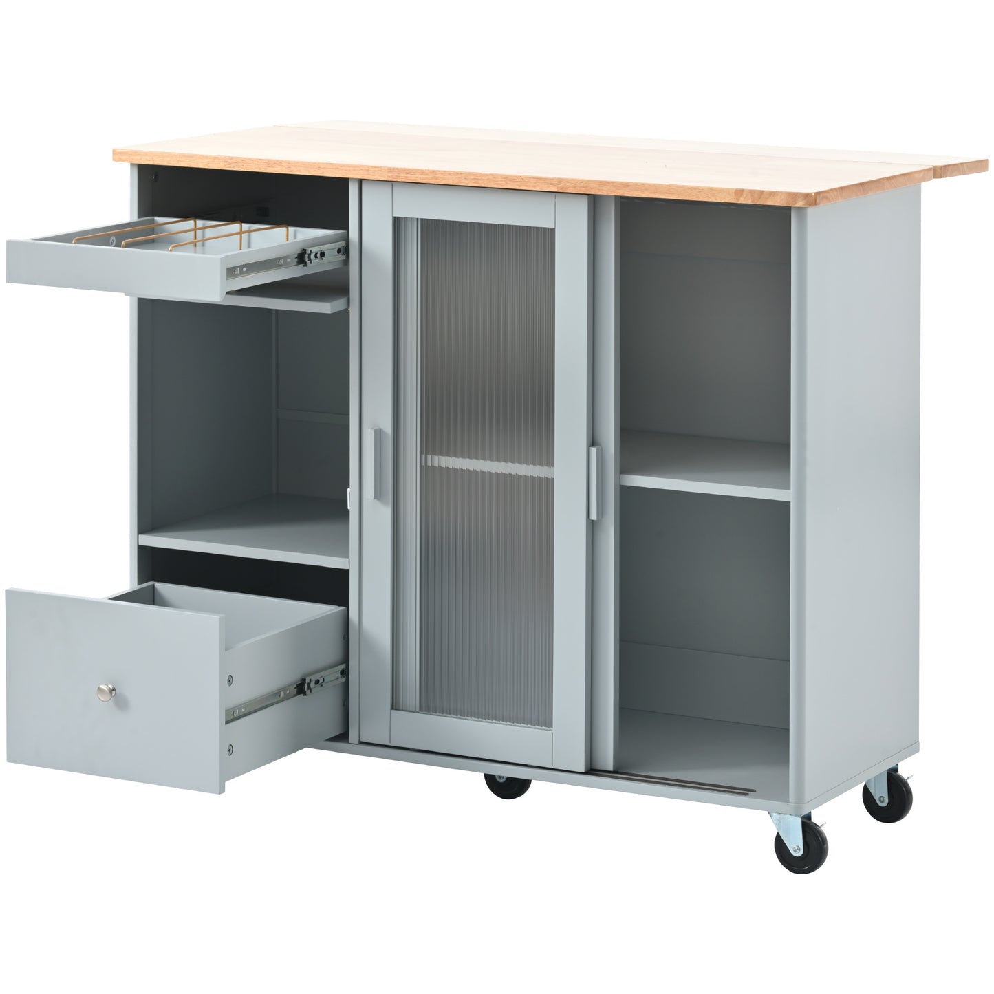 Kitchen Island with Drop Leaf, LED Light Kitchen Cart on Wheels with 2 Fluted Glass Doors and 1 Flip Cabinet Door, Large Kitchen Island Cart with an Adjustable Shelf and 2 Drawers (Grey Blue)