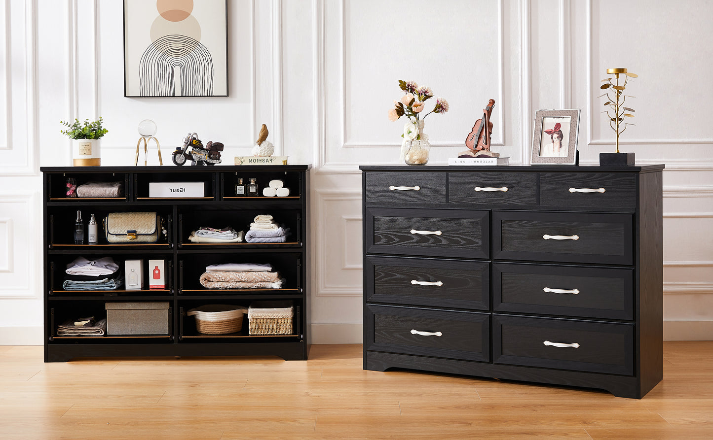 Bedroom dresser, 9 drawer long dresser with antique handles, wood chest of drawers for kids room, living room, entry and hallway, Black, 47.2'' W x 15.8'' D x 34.6'' H.