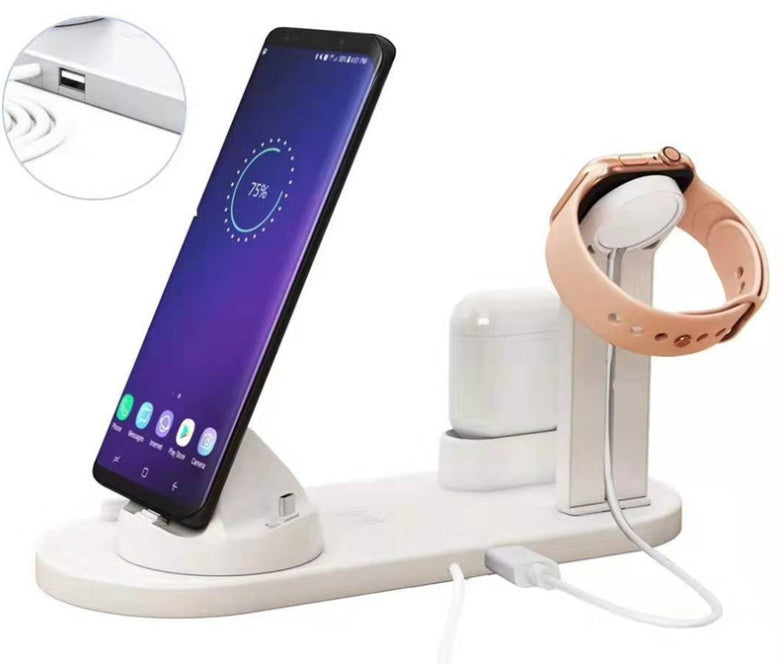 Multi-device charging station with smartphone, smartwatch, and earbuds on a white background