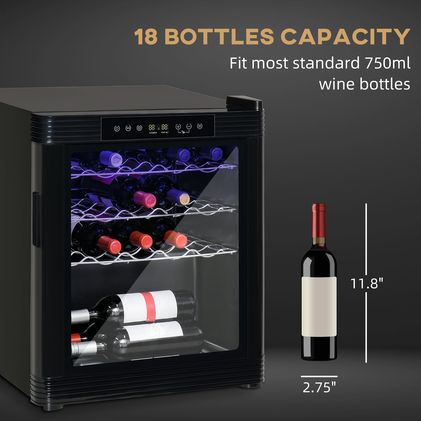 18 Bottle Wine Cooler, Mini Beverage Fridge, Freestanding Wine Cellar with Digital Temperature Control, 3 Removable Shelves, Glass Door, Alarm Function and LED Lighting, Black