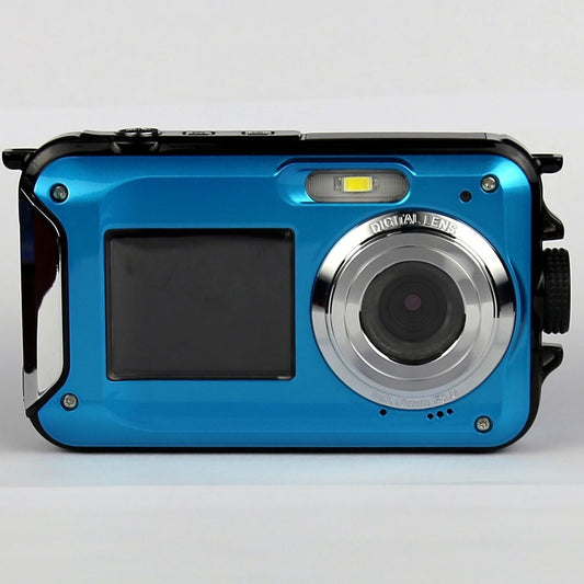 Blue digital camera with a screen and lens on a gray background
