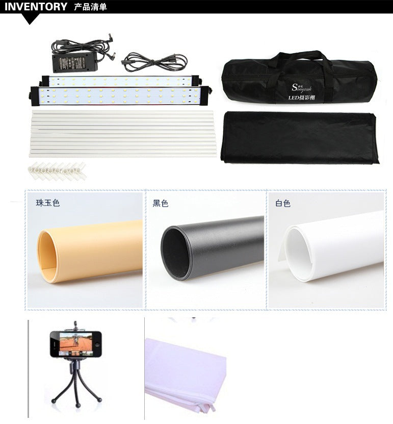 Collection of photography studio equipment including LED lights, stands, and backgrounds on a white background.