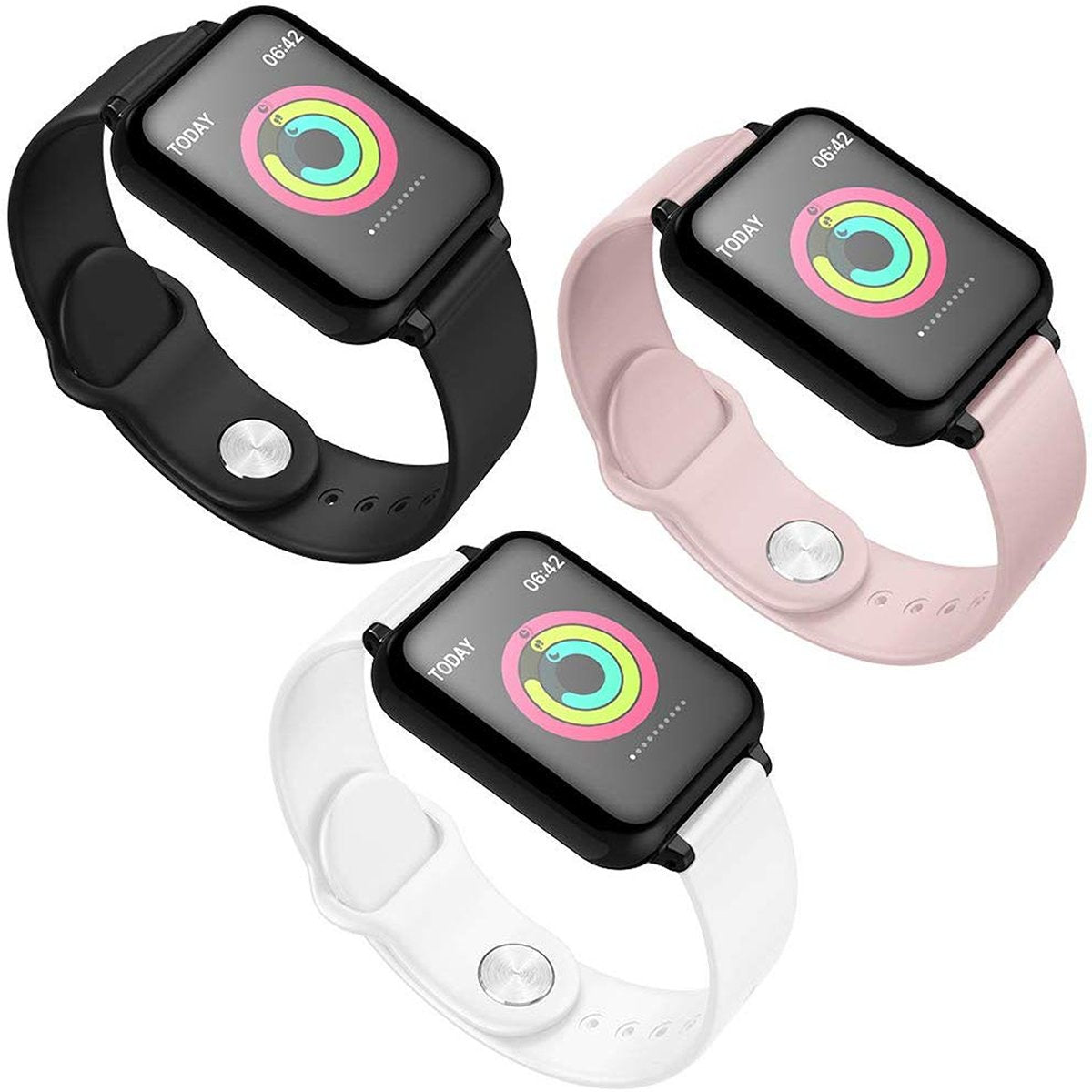 Three smartwatches with black, pink, and white bands on a white background