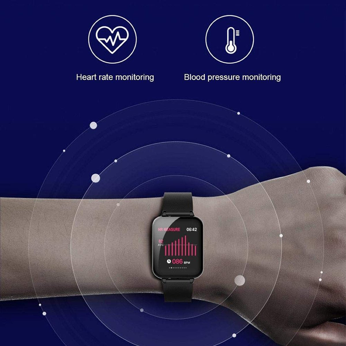 Smartwatch on a wrist with heart rate and blood pressure monitoring icons on a blue background