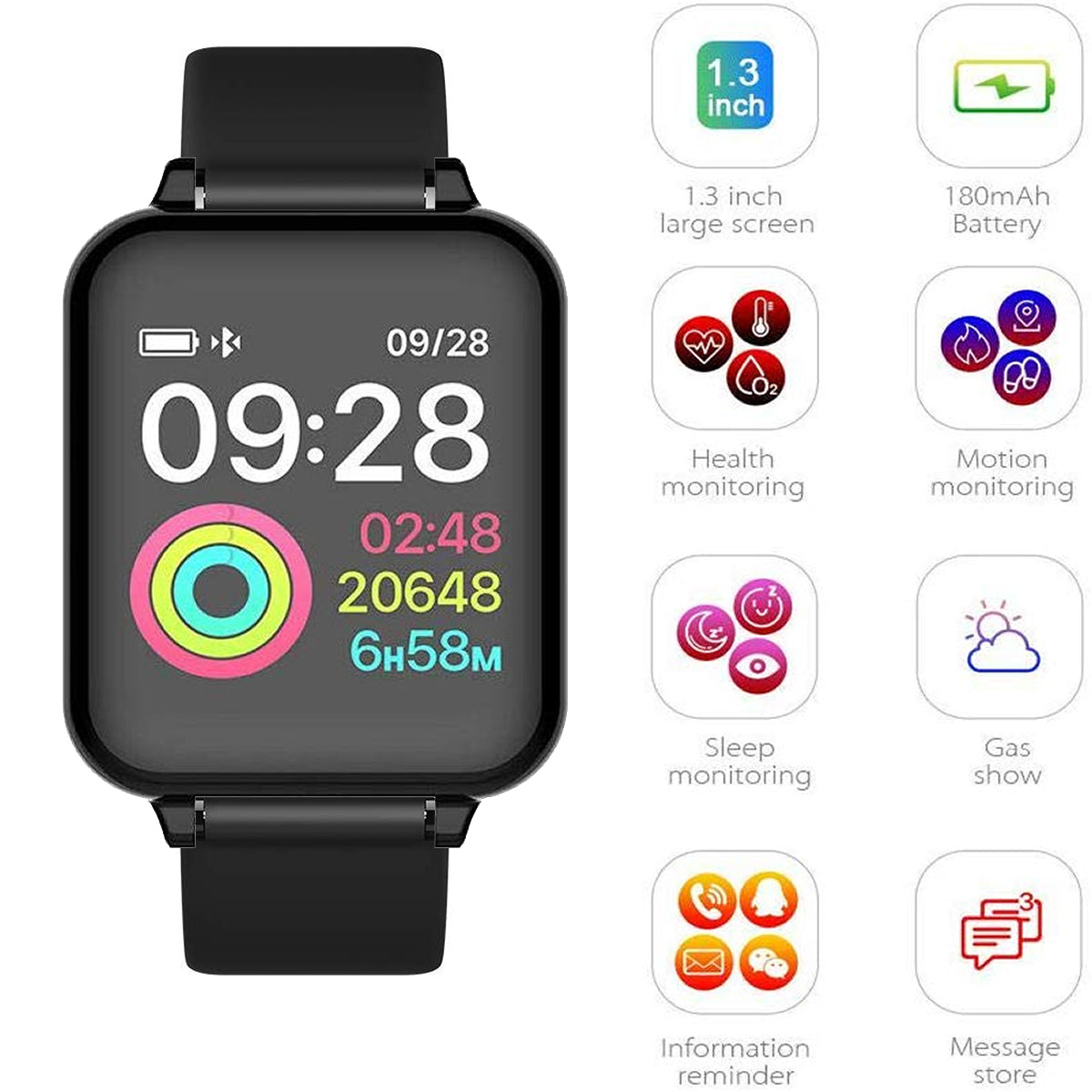 Smartwatch with a black strap on a white background, displaying various app icons and features.