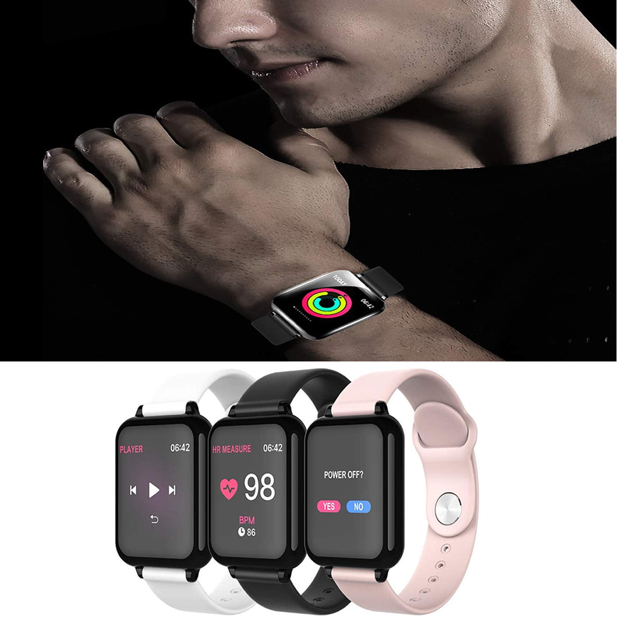 Smartwatch on a person's wrist with close-up of display, followed by three different smartwatches.