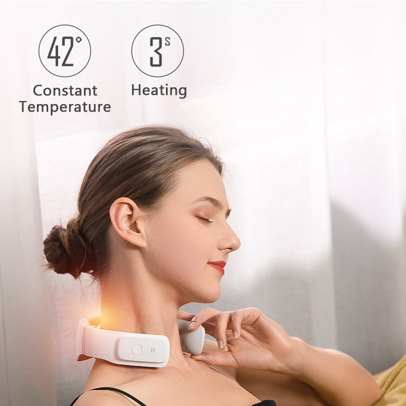 Woman using a neck massager with text indicating constant temperature and heating time.