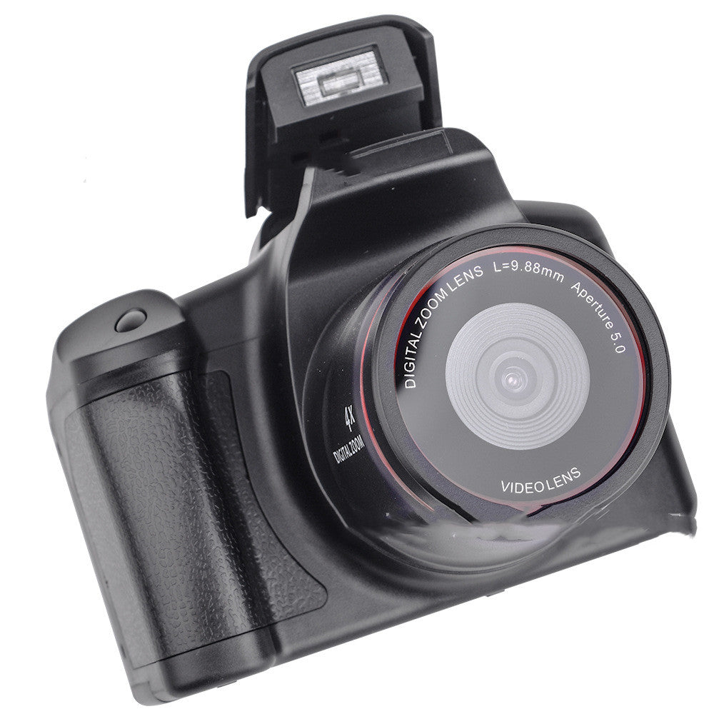 Digital camera with lens and flash on a white background