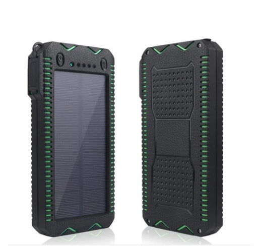 Black and green solar power bank on a white background