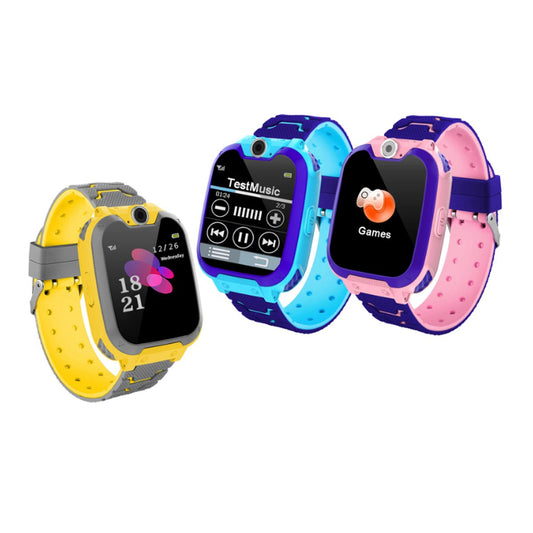 Three colorful smartwatches with different colored bands on a white background