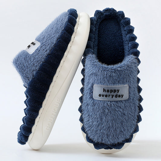 Home Slippers For Men Thick-soled Color-block Letters Fluffy Fleece House Shoes Winter Indoor Warm Slip On Floor Bedroom Slipper. Raee-Industries