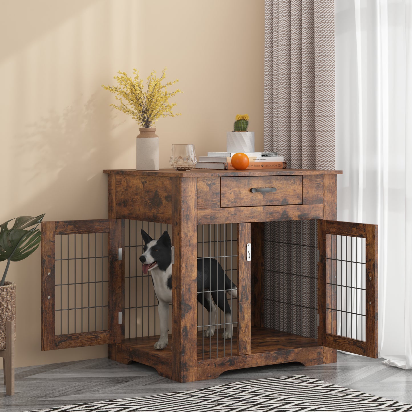 JHX Furniture Style Dog Crate End Table with Drawer, Pet Kennels with Double Doors , Dog House Indoor Use, （Rustic Brown，29.92”w x 24.80”d x 30.71”h）