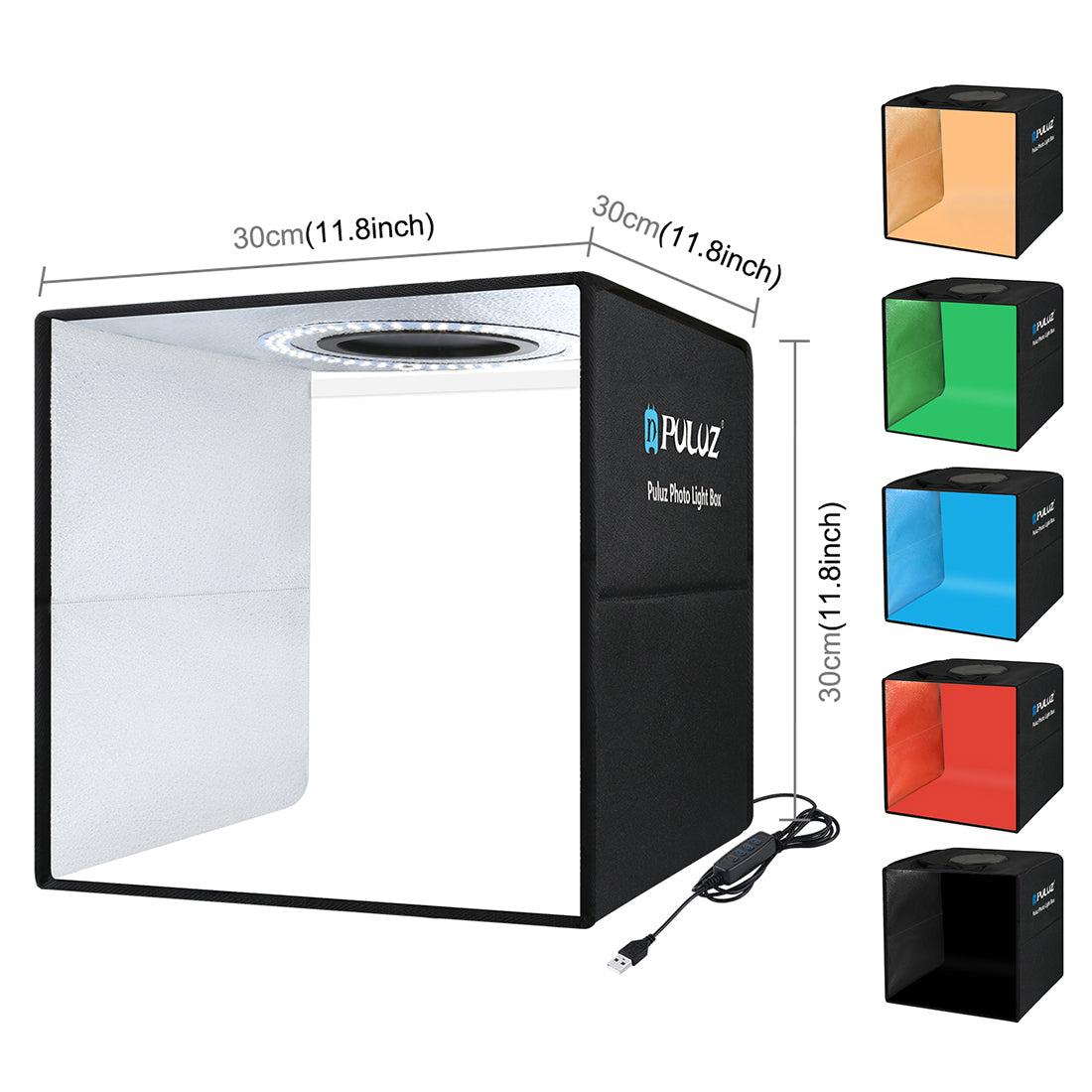PULUZ photo light box with dimensions and color options displayed