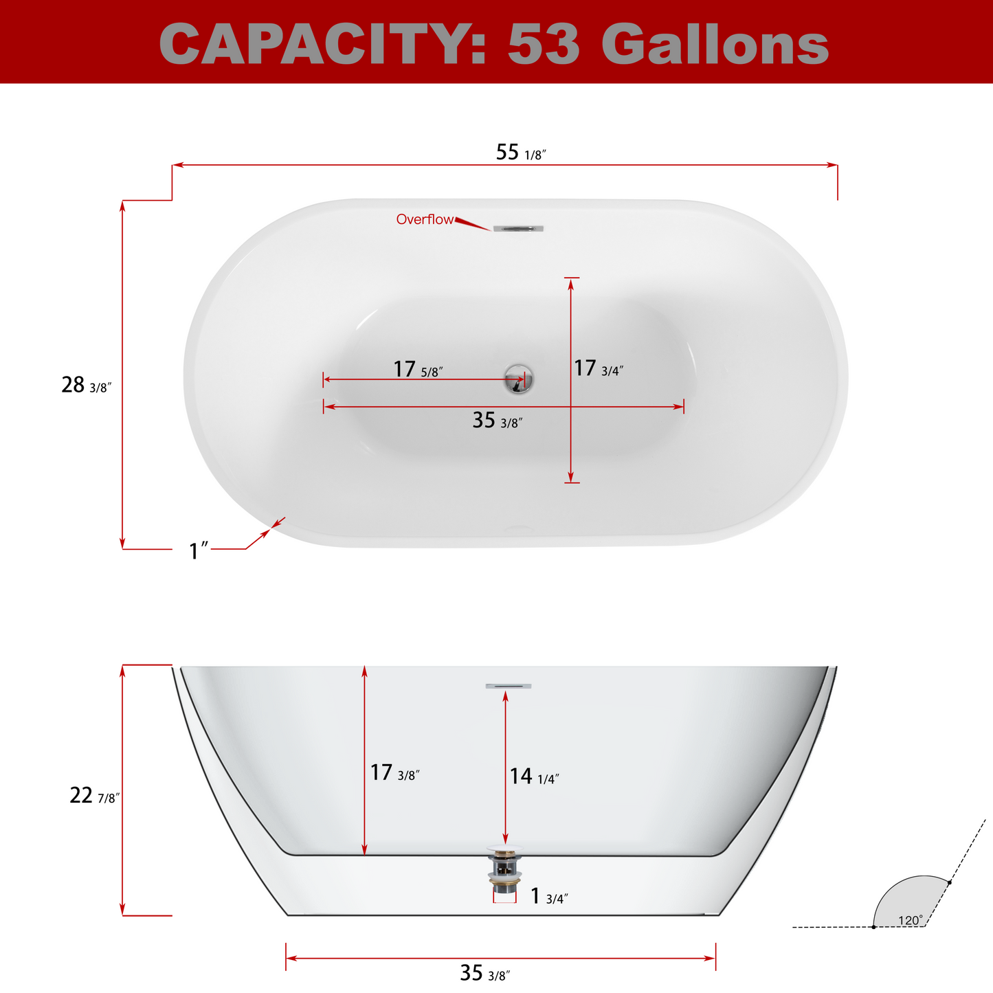 Sleek White Acrylic Freestanding Soaking Bathtub with Chrome Overflow and Drain, cUPC Certified - 55*28.35 23A09-55