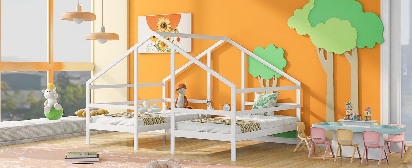 Double Twin Size Triangular House Beds with Built-in Table,White(Old SKU:WF286895AAK)