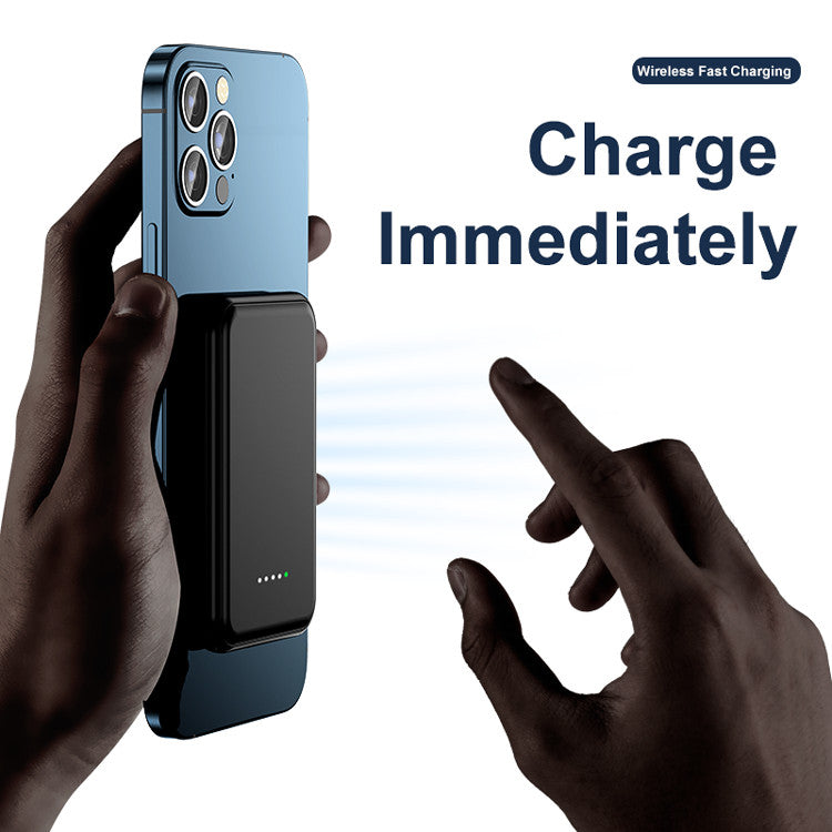 Hands holding a blue phone with a wireless charging pad, text 'Charge Immediately' and 'Wireless Fast Charging'.