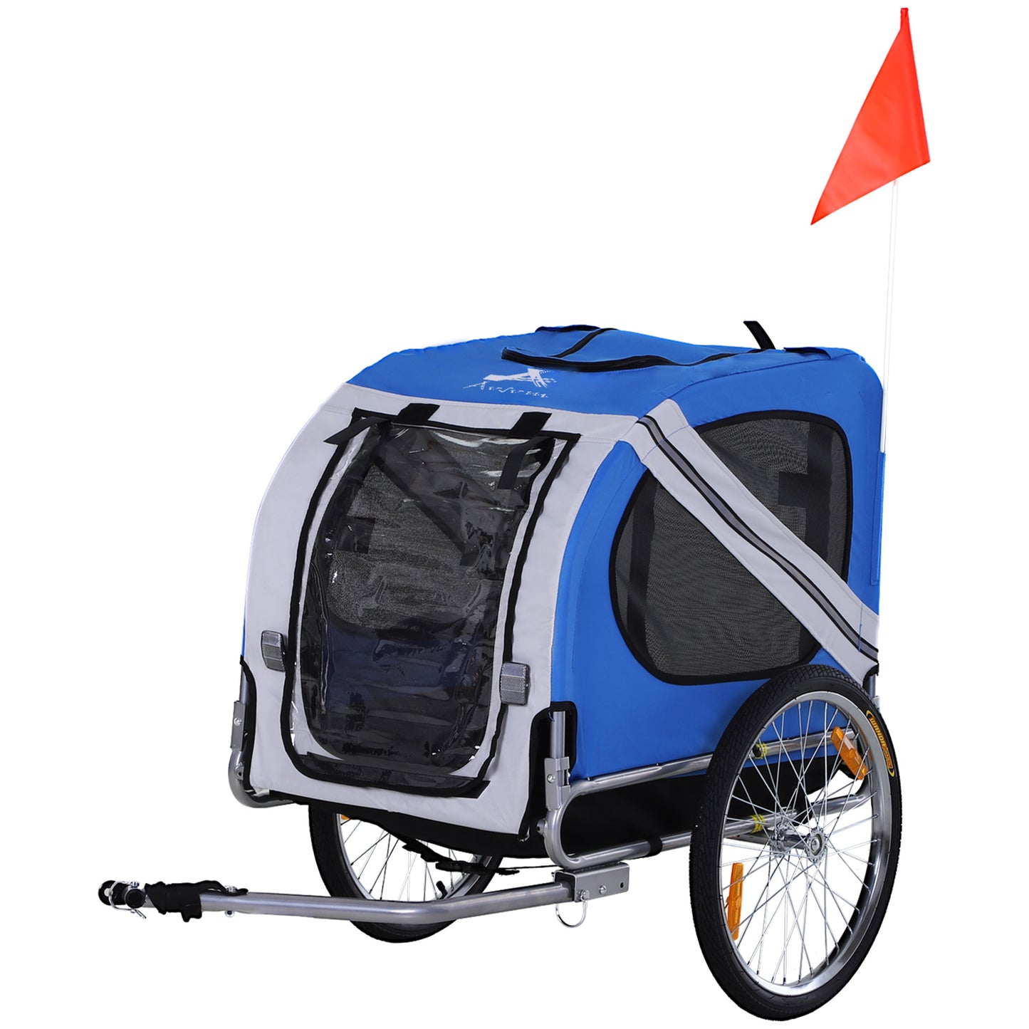 Aosom Dog Bike Trailer Pet Cart Bicycle Wagon Cargo Carrier Attachment for Travel with 3 Entrances Large Wheels for Off-Road & Mesh Screen - Light Blue / White