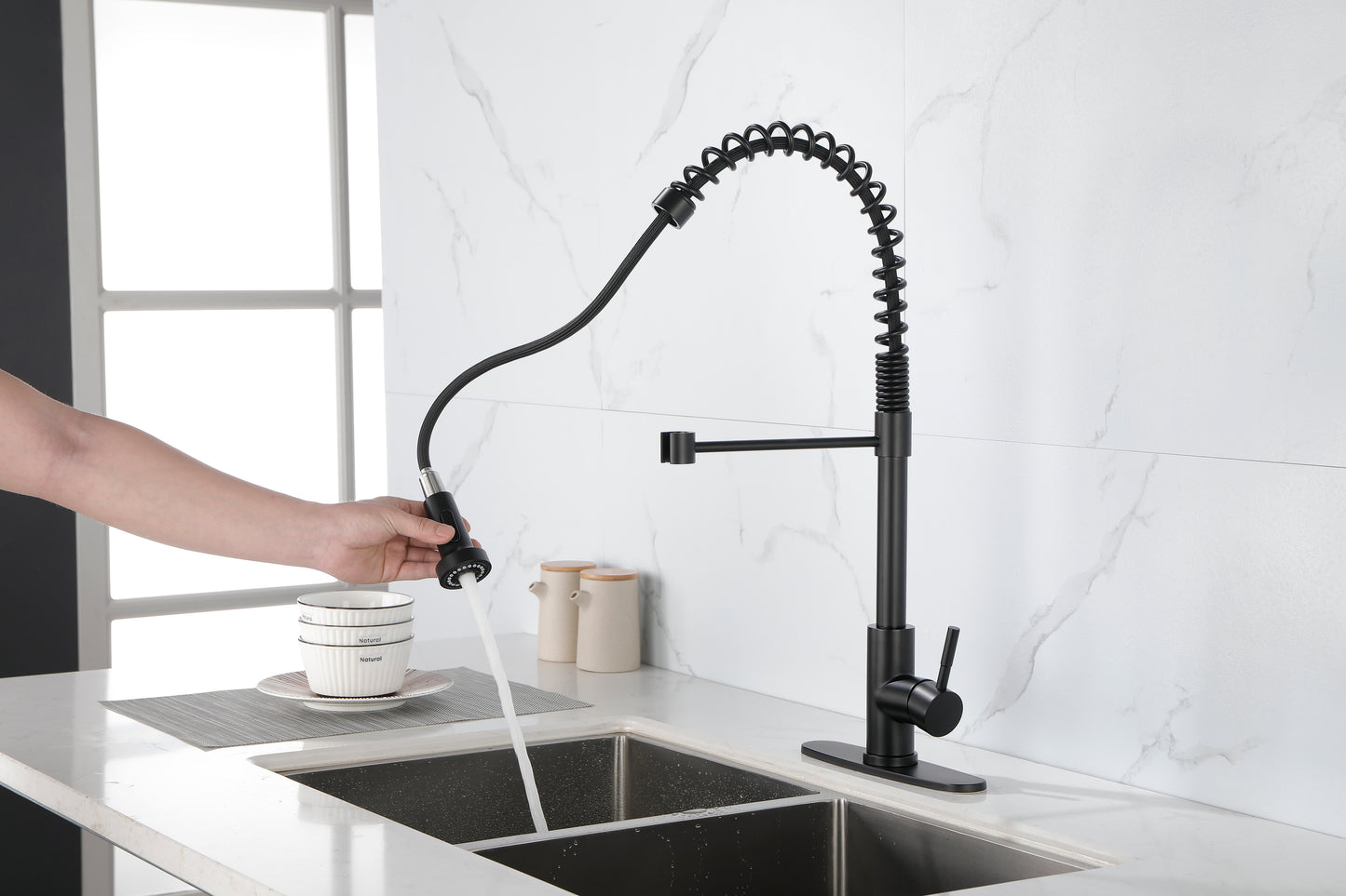 Commercial Spring Kitchen Faucets Matte Black with Pull Out Sprayer,  Stainless Steel Single Handle One Hole Kitchen Sink Faucet, Industrial 3-Hole Sink Faucet for Camper Laundry Bar,