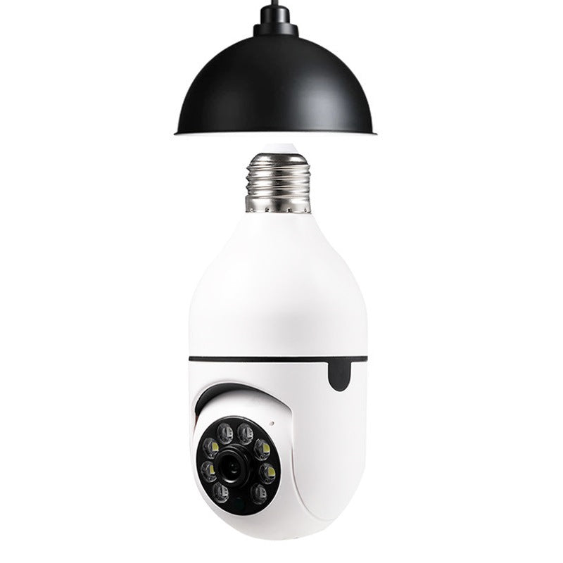 Smart camera in the shape of a light bulb with black top and white body on a white background
