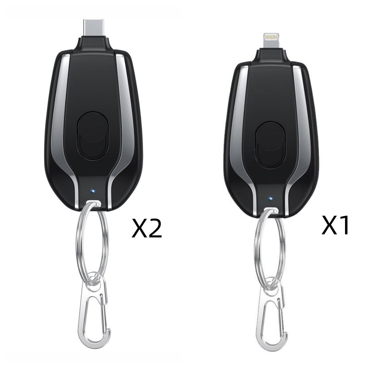 Two black keychain devices with carabiners, labeled X2 and X1 on a white background.