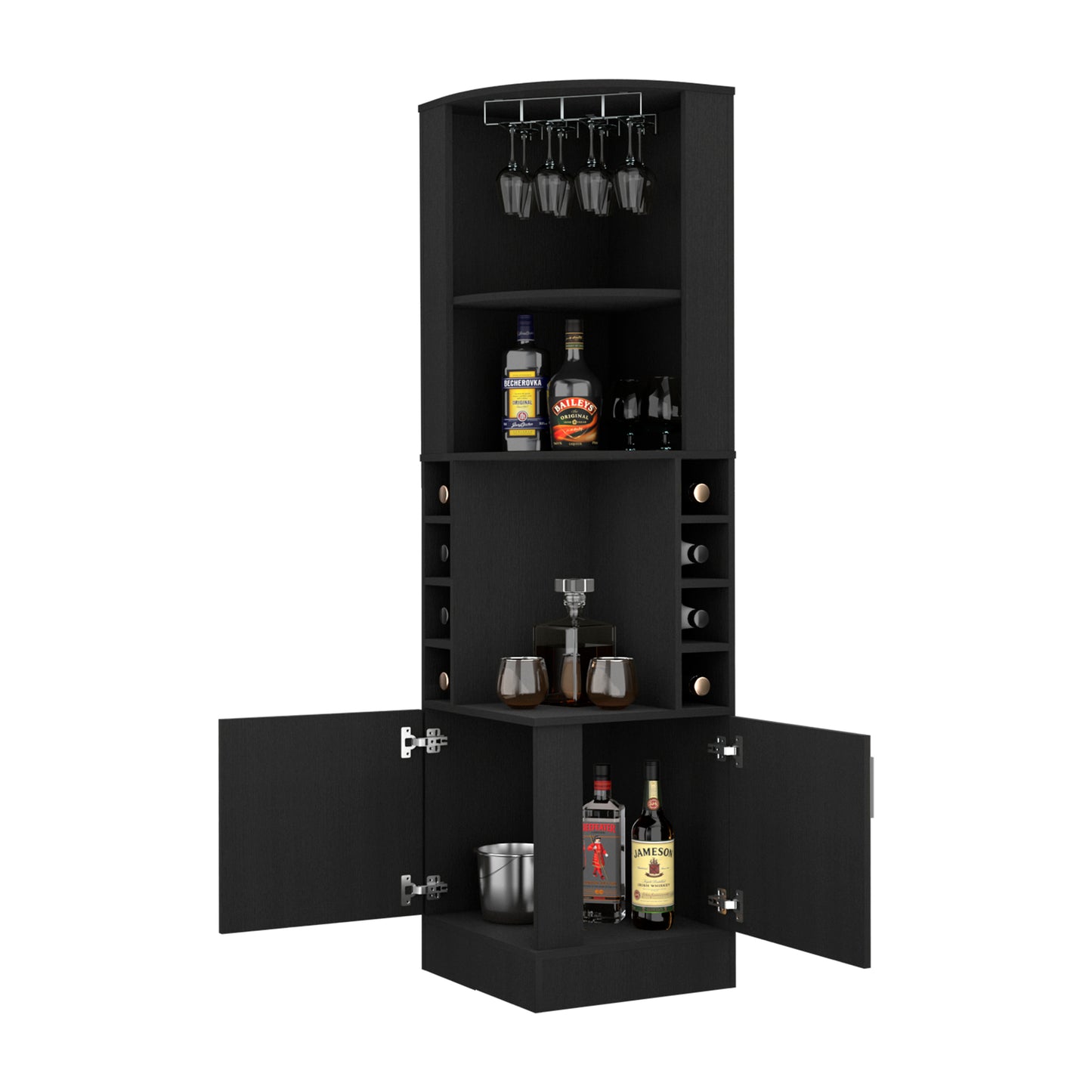 Bar Cabinet Papprika, 8 Wine Cubbies, Double Door, Black Wengue Finish