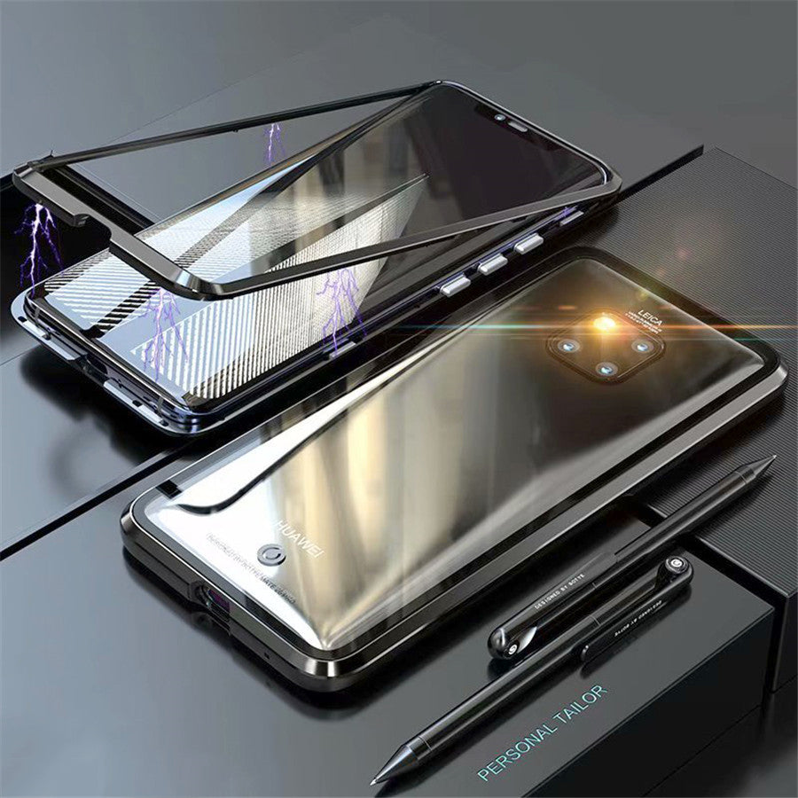 Smartphone with a protective case and stylus on a reflective surface