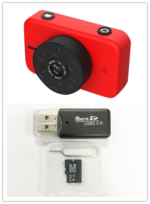 Red camera device with USB adapter and microSD card on a white background