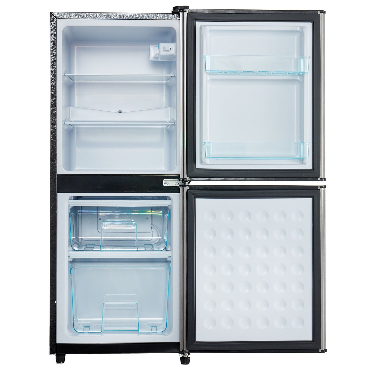 3.6Cu.Ft Dual Zone Refrigerator, 2.2+1.4Cu.Ft 4 Star Freezer, 7 Temperature Settings, 45 dB, Brushed Gray Silver, LED Lighting, Adjustable Shelves, 166kWh/Year, 16.73"×17.52"×40.16 "