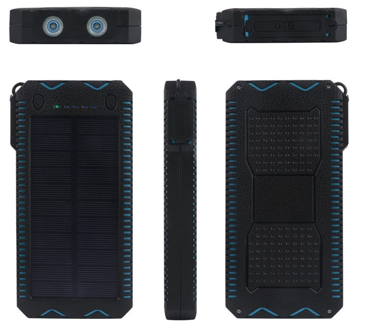 Black and blue solar power bank with multiple views on a white background