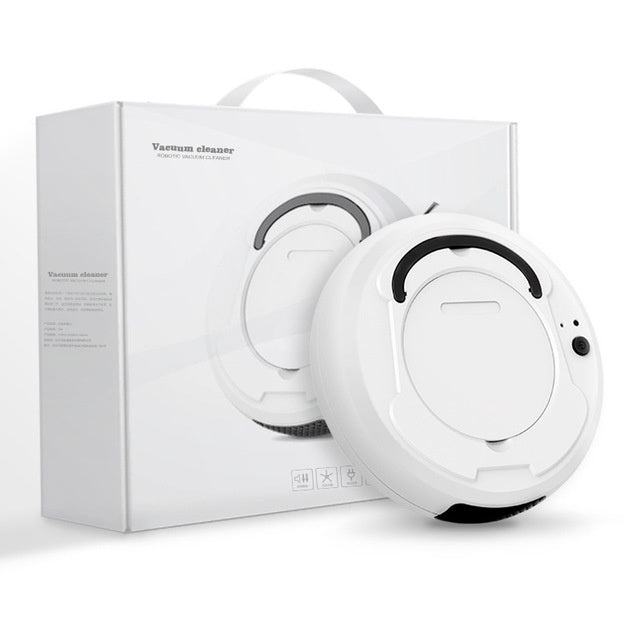 White robot vacuum cleaner with packaging on a white background