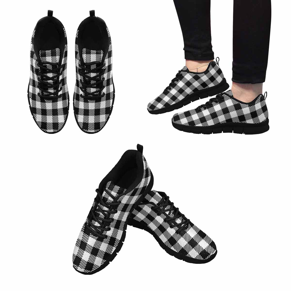 Sneakers For Men, Buffalo Plaid Black And White Running Shoe