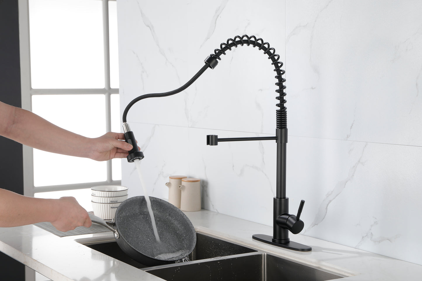 Commercial Spring Kitchen Faucets Matte Black with Pull Out Sprayer,  Stainless Steel Single Handle One Hole Kitchen Sink Faucet, Industrial 3-Hole Sink Faucet for Camper Laundry Bar,