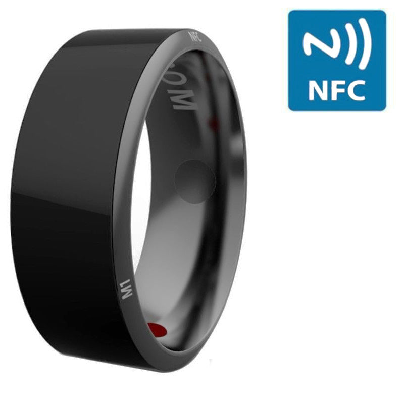 Black smart ring with NFC symbol on a white background