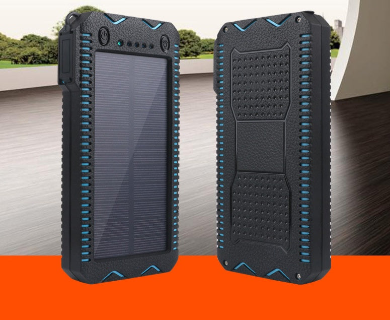 Black and blue rugged phone case with solar panel on an orange and gray background