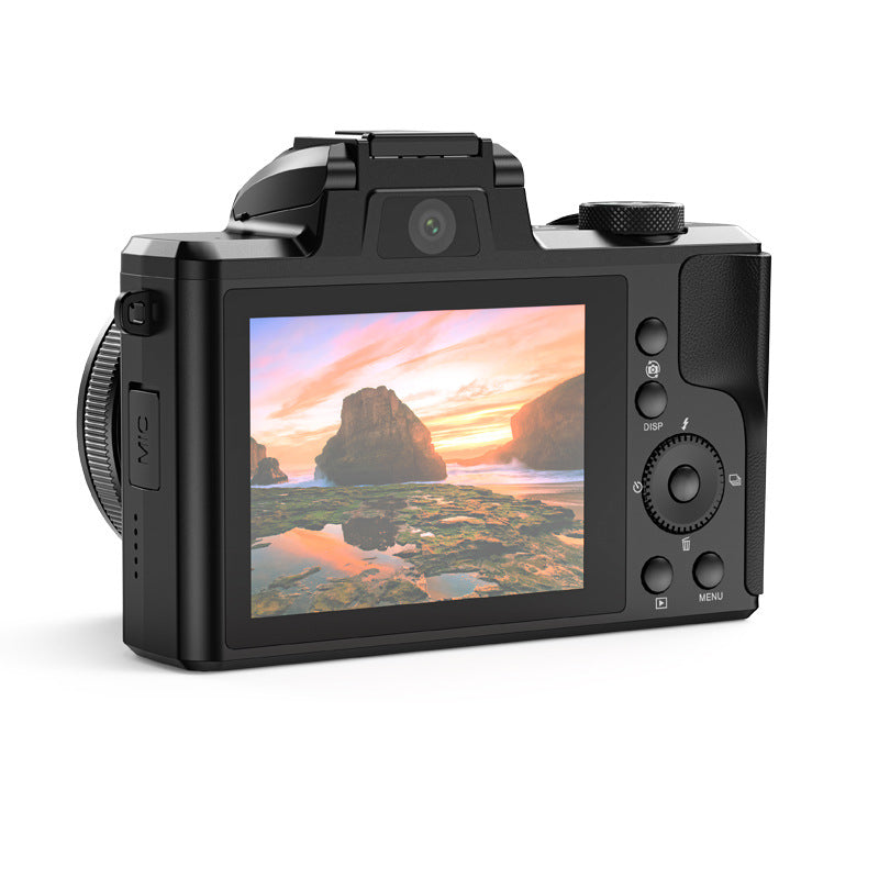 Black camera with a screen displaying a scenic landscape on a white background