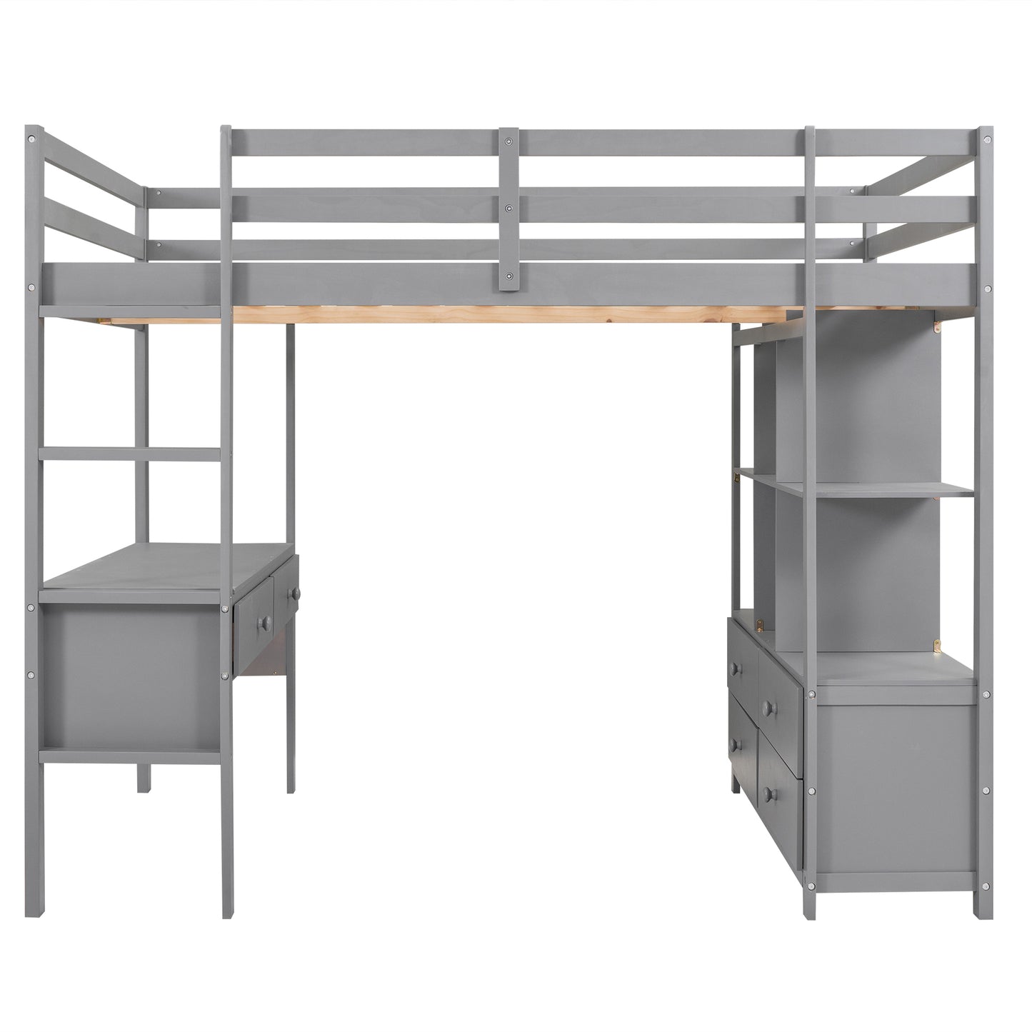 Full Size Loft Bed with Built-in Desk with Two Drawers, and Storage Shelves and Drawers,Gray