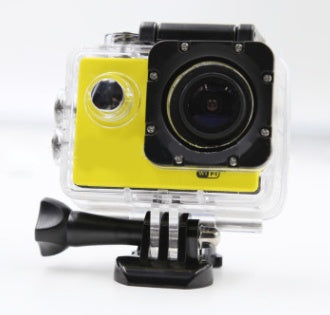 Yellow action camera with black accents on a white background