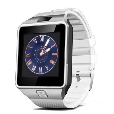 White smartwatch with a blue watch face on a white background