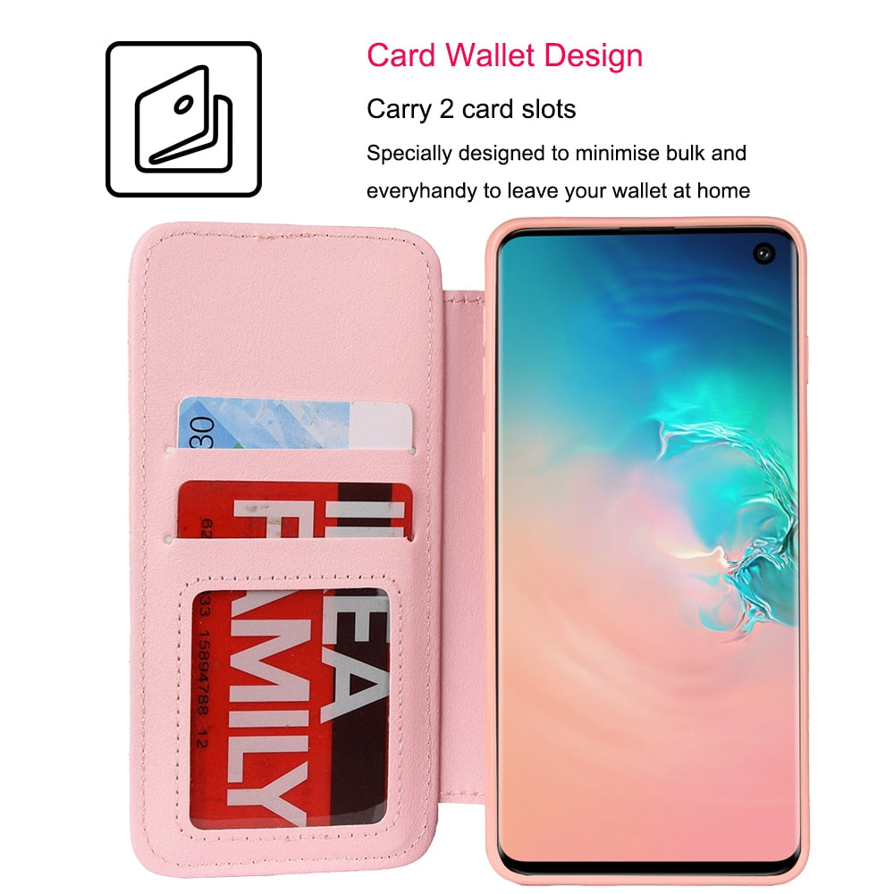 Pink phone wallet case with card slots and smartphone inside, featuring text on design and functionality.