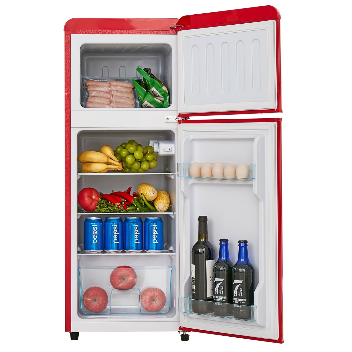 4.5 cu. ft. Dual Zone Refrigerator, 3.3 Fridge + 1.2 cu. ft. 4-Star Freezer, 7 Temperature Settings, 45 dB, Red, Silver Handles, LED Lighting, Adjustable Shelves, 16.69" x 17.52" x 40.08"