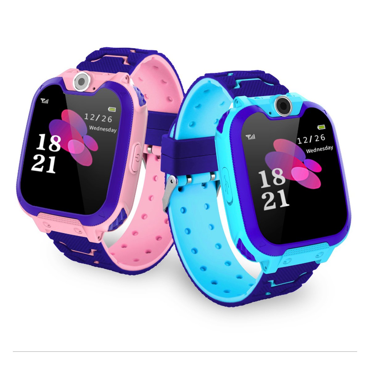 Two children's smartwatches in pink and blue on a white background