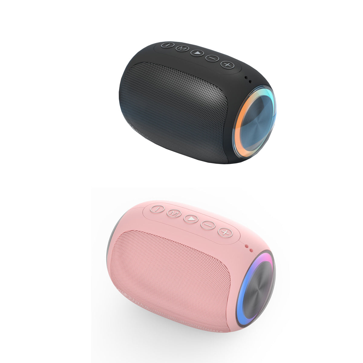 Black and pink portable speakers on a white background.  best noise cancelling headphones under $100. Raee Industries 