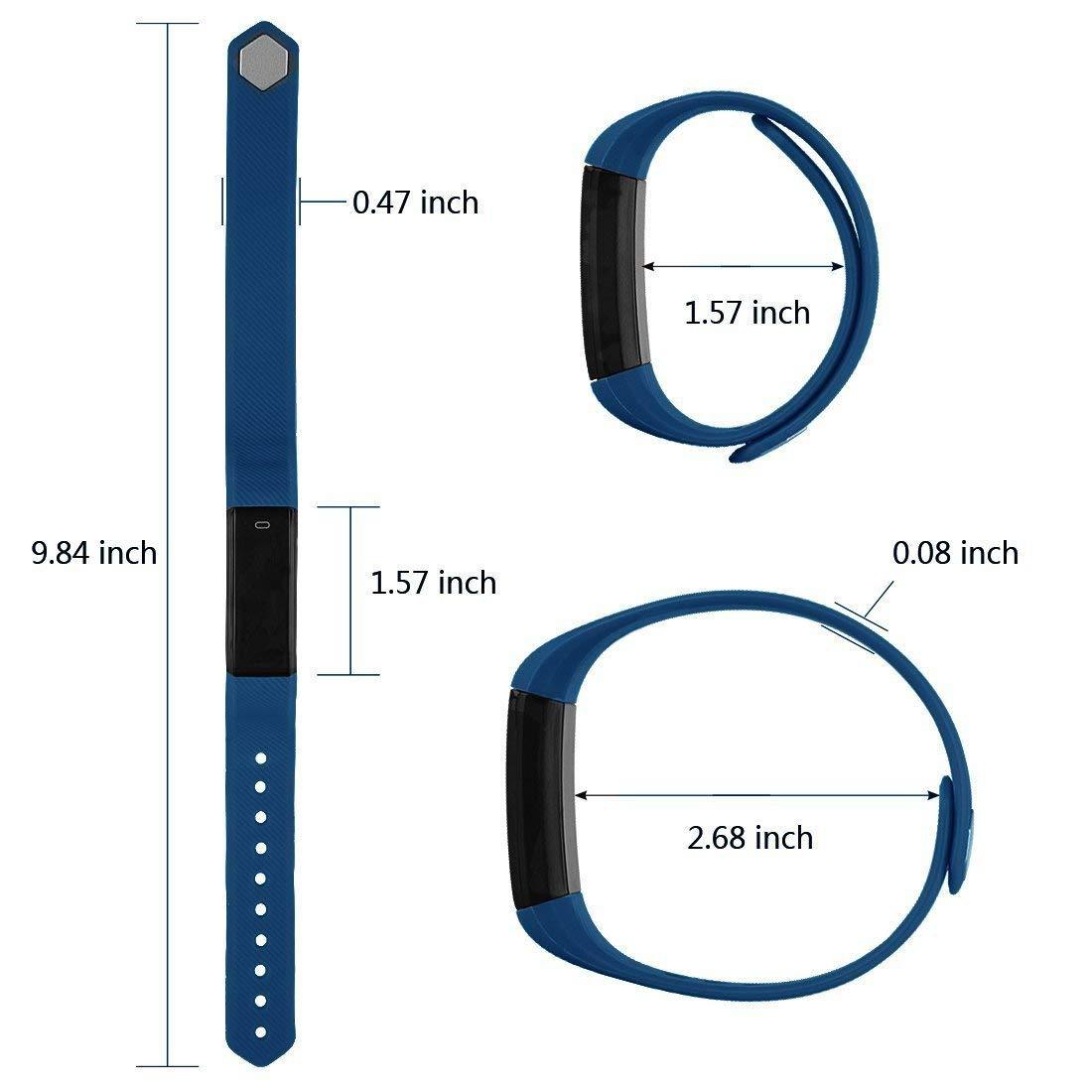 Blue fitness tracker with dimensions labeled on a white background