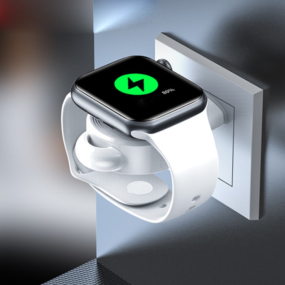 Smartwatch charging on a white stand with a blurred background