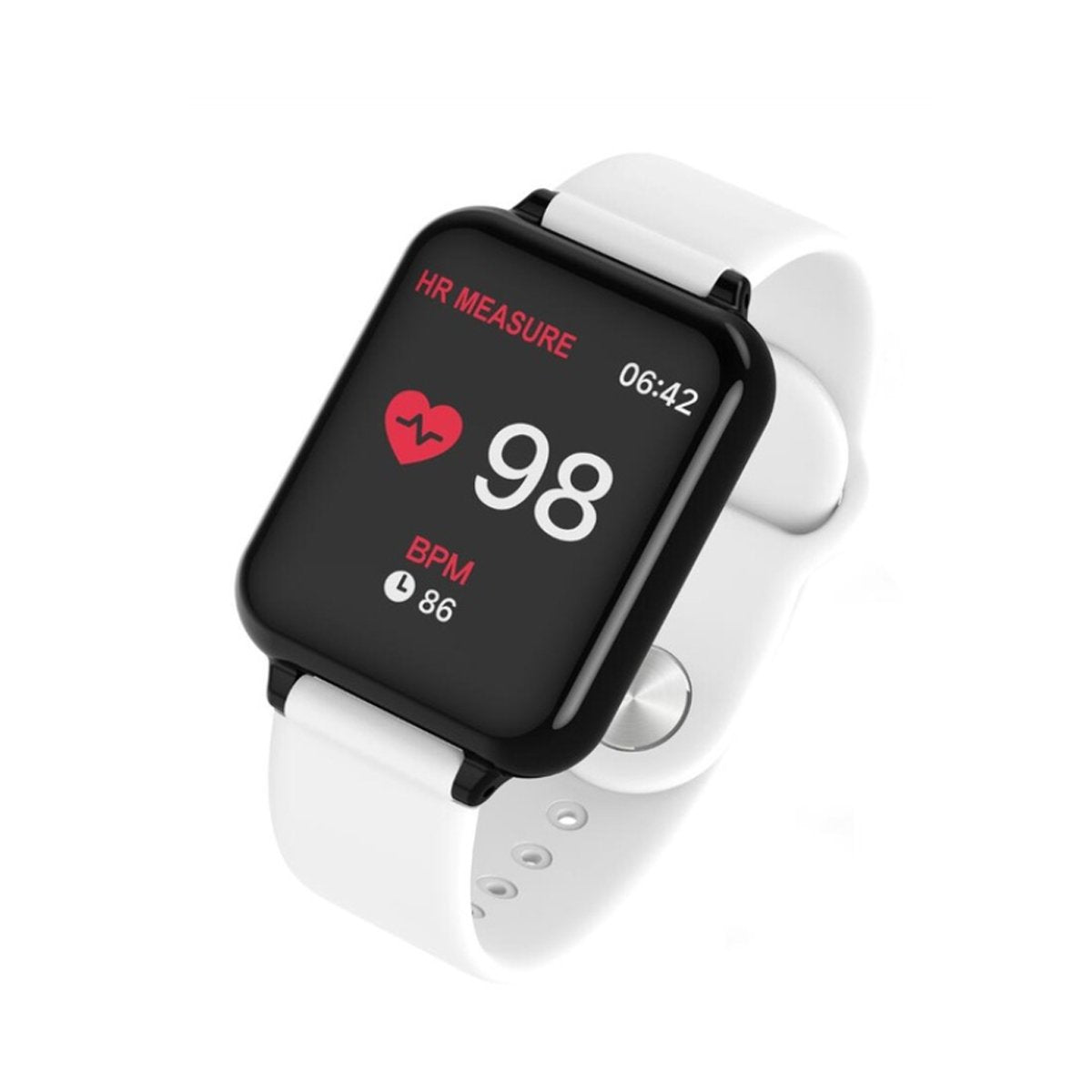Smartwatch with heart rate measurement display on a white background