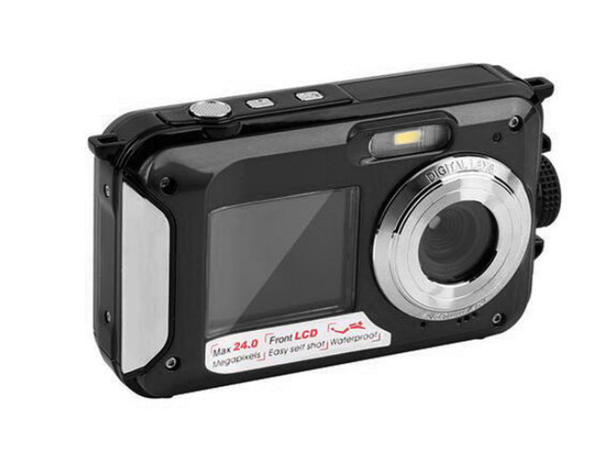 Black rugged camera with visible brand logo on a white background
