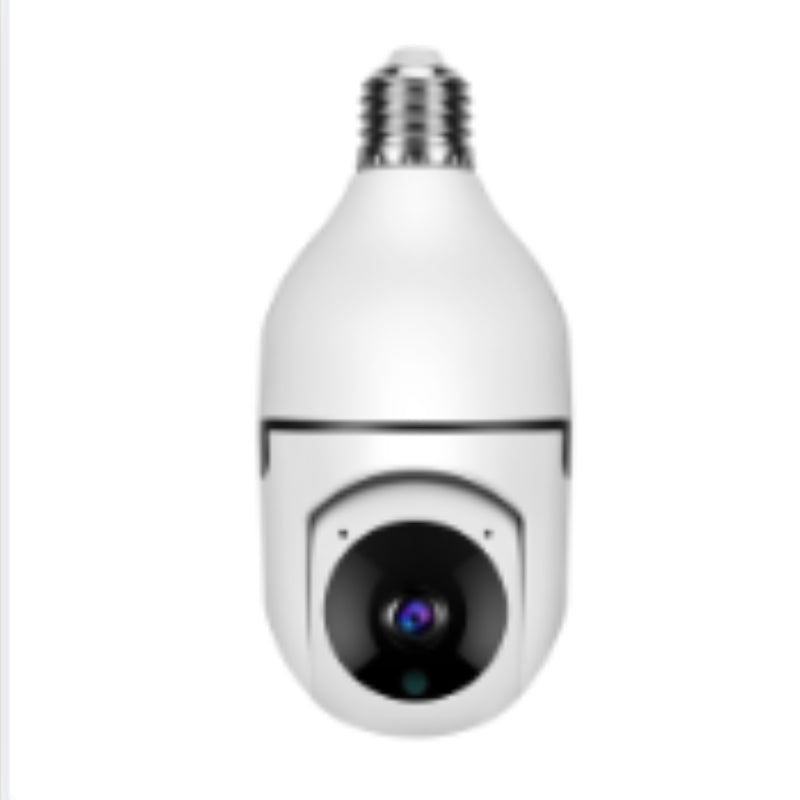 White security camera designed to look like a light bulb on a white background