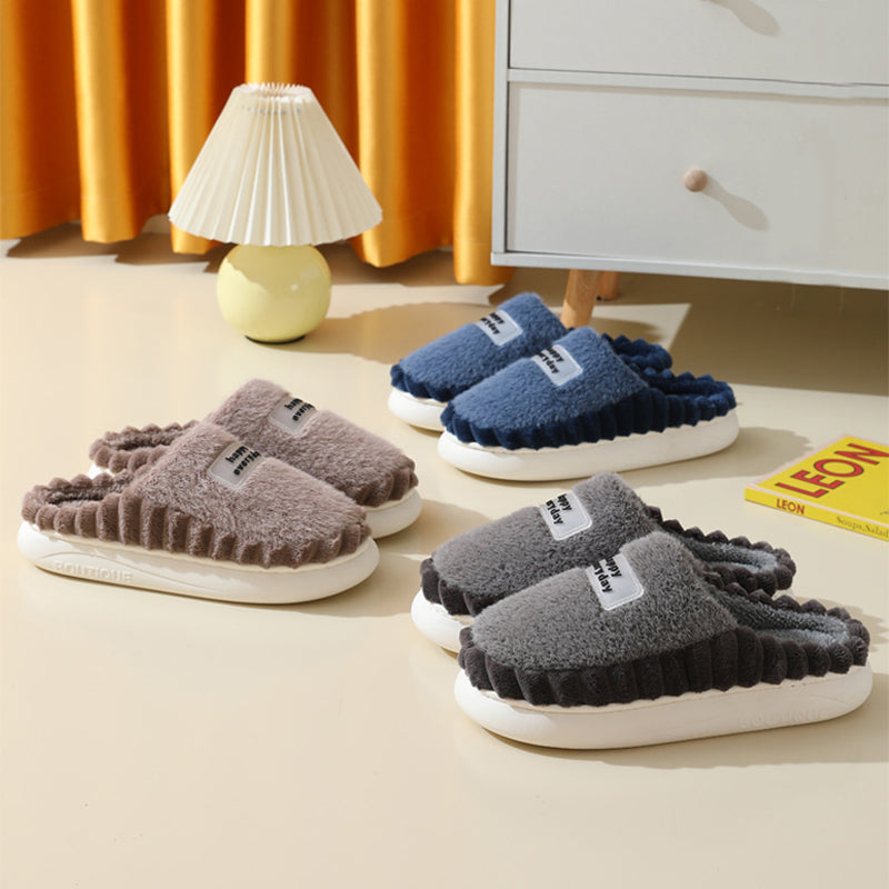 Home Slippers For Men Thick-soled Color-block Letters Fluffy Fleece House Shoes Winter Indoor Warm Slip On Floor Bedroom Slipper. Raee-Industries